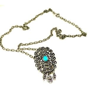 womens classic Turquoise Stone Pendant Silver 28" Chain Necklace heavy boho